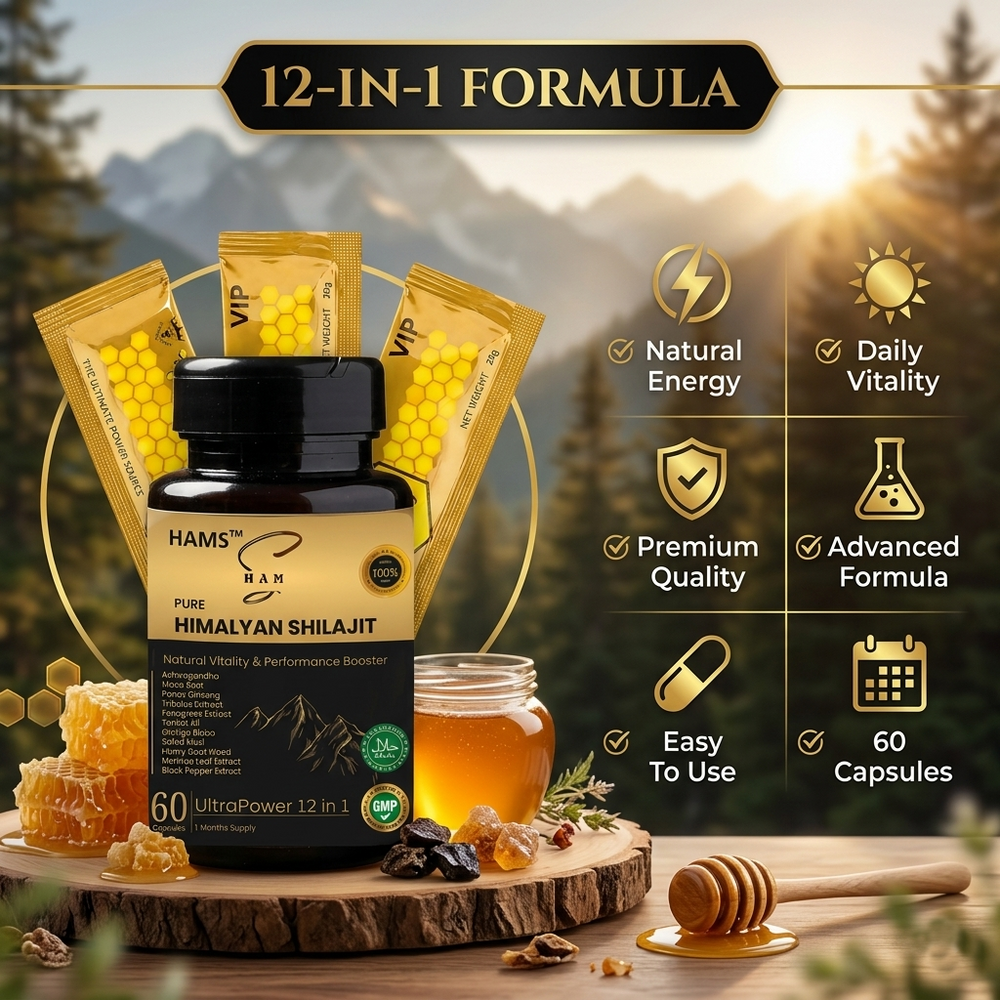 12-in-1 Herbal Supplement for Daily Energy and Vitality Support – Himalayan Shilajit blended with Ashwagandha, Panax Ginseng, Maca Root and other botanicals for adults with active lifestyles.