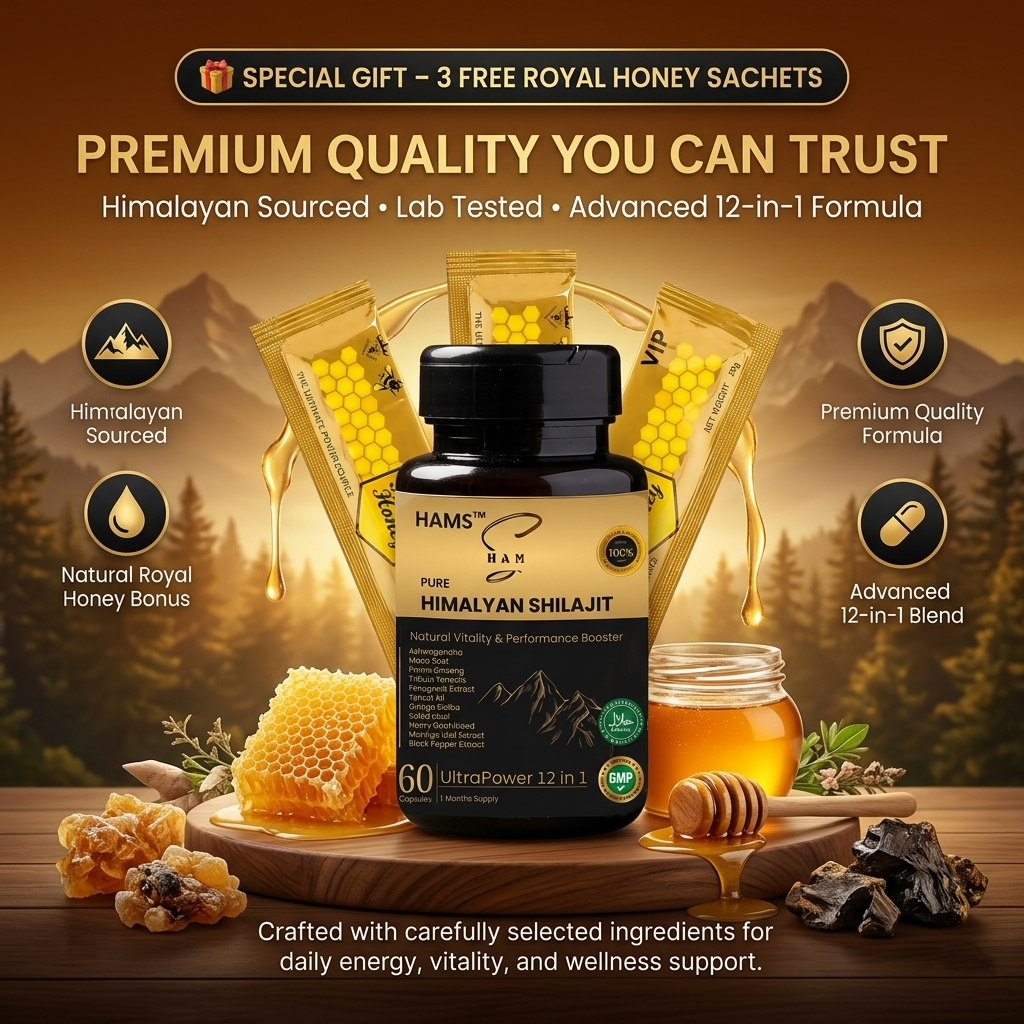 Himalayan Shilajit Supplement Bundle with 3 FREE VIP Royal Honey Sachets – Complete product bundle featuring 60 herbal supplement capsules and three complimentary individually packaged honey sachets.