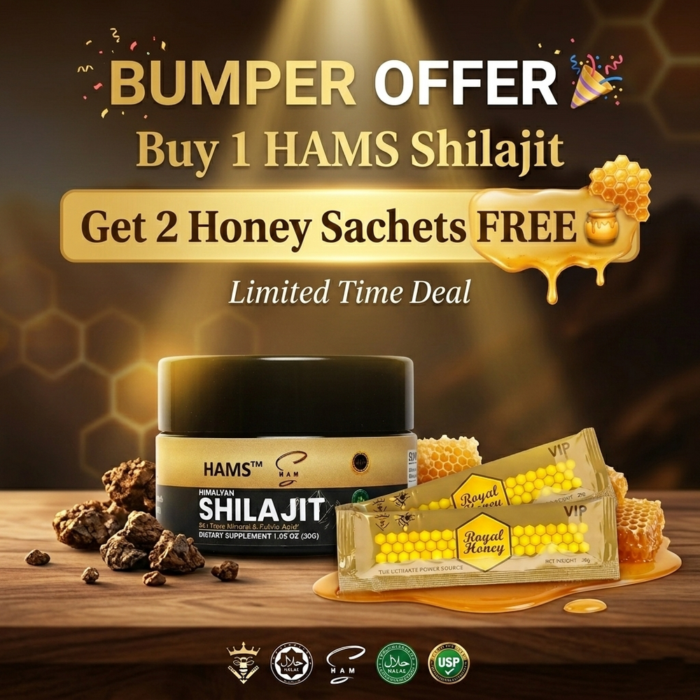 Himalayan Shilajit Resin Bundle with Free Royal Honey – 30g resin container and two complimentary VIP Royal Honey sachets.