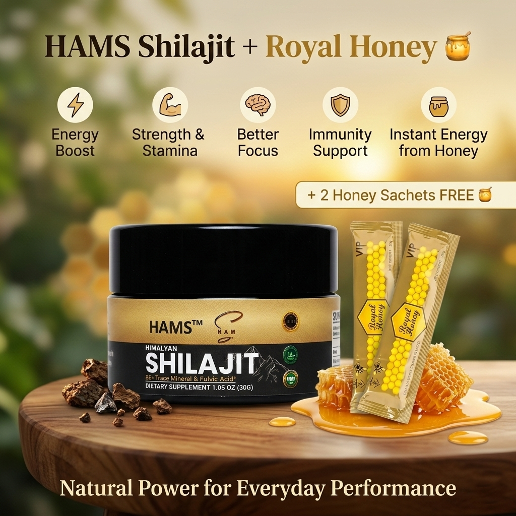 Himalayan Shilajit Resin and Honey Gift Bundle – Premium 30g resin product packaged with two free VIP Royal Honey sachets.