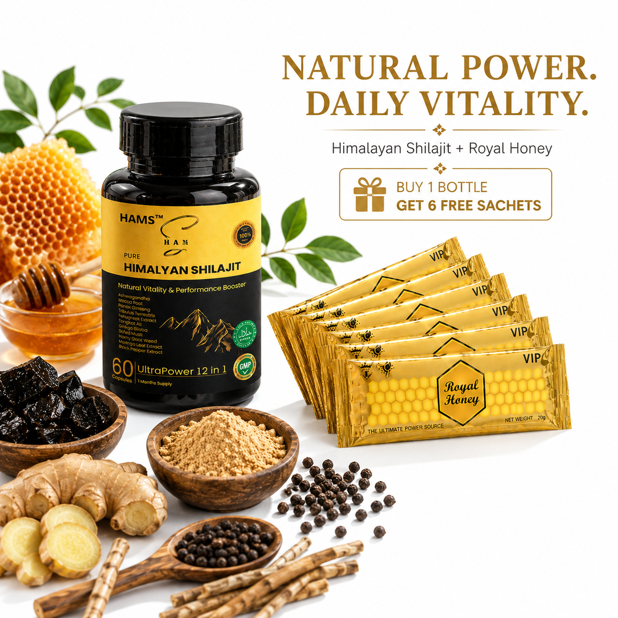 Himalayan Shilajit Supplement with Fenugreek and Black Pepper Extract – Botanical wellness formula featuring 12 ingredients.