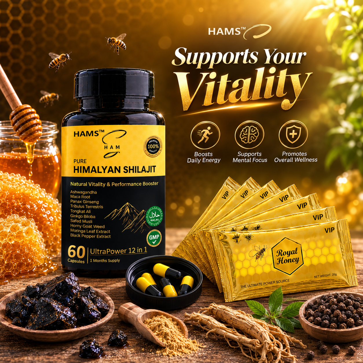 Men's Herbal Wellness Supplement with 6 FREE Royal Honey Sachets – Convenient bundle combining a 12-ingredient supplement and individual honey sachets.