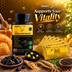Men's Herbal Wellness Supplement with 6 FREE Royal Honey Sachets – Convenient bundle combining a 12-ingredient supplement and individual honey sachets.