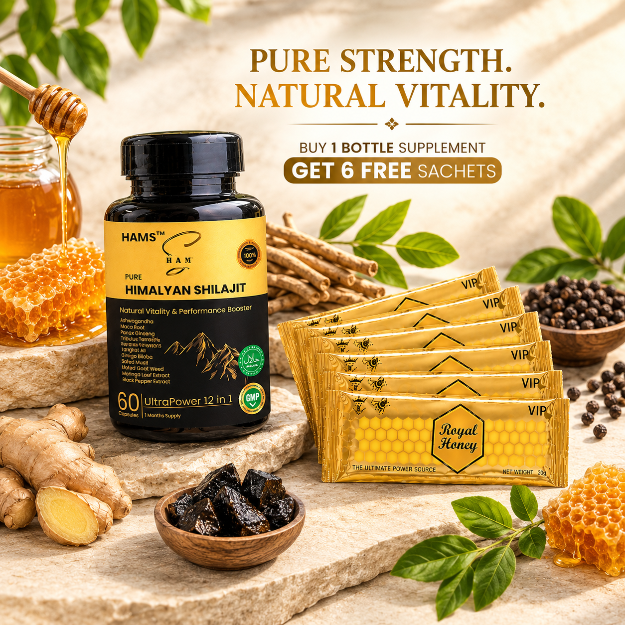 UltraPower Men's Vitality Supplement and Royal Honey Bundle – Shilajit-based herbal supplement with six free VIP Royal Honey sachets.