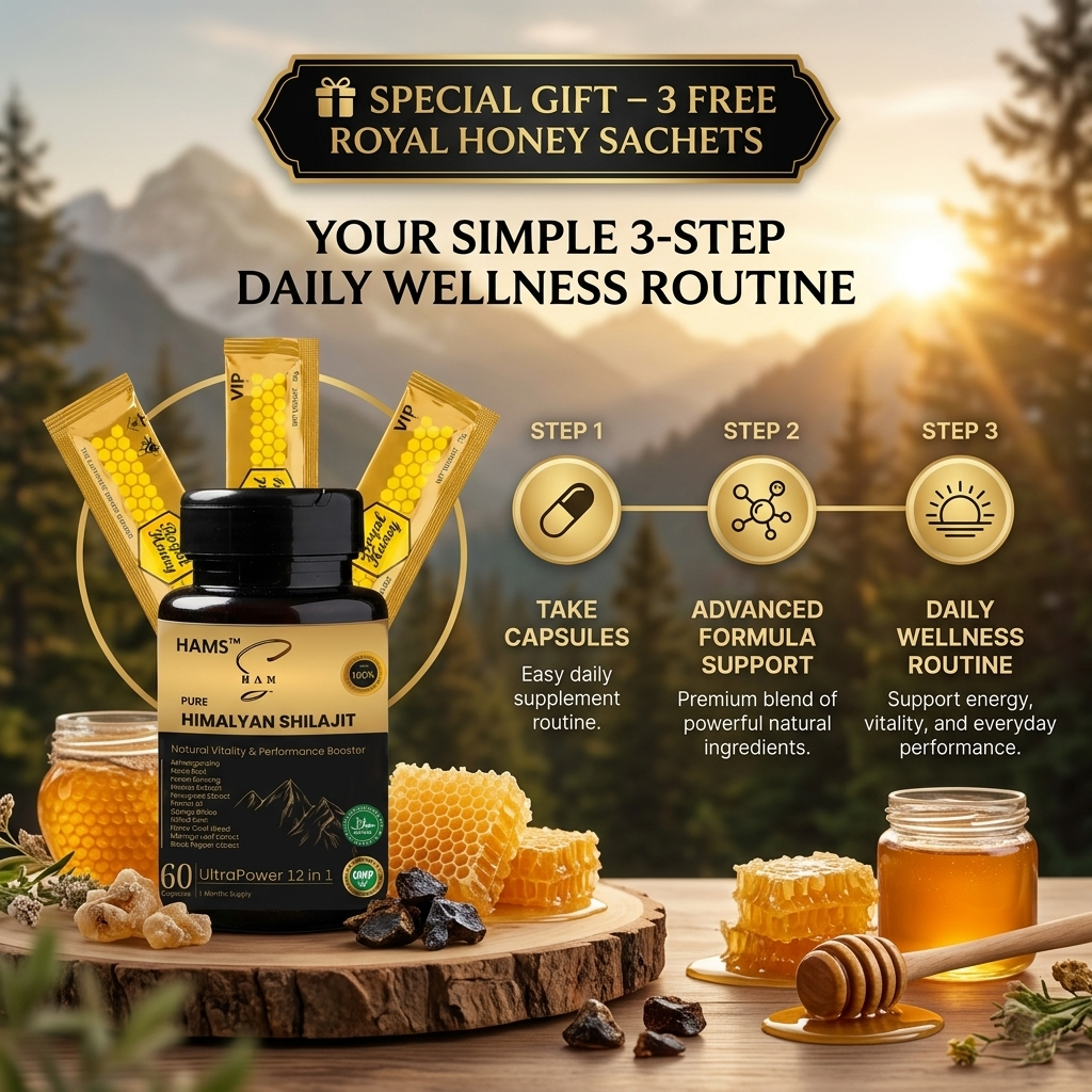 Shilajit Capsules with Ashwagandha for Daily Wellness – Convenient herbal supplement featuring Himalayan Shilajit and a selection of botanical ingredients traditionally used in herbal wellness preparations.