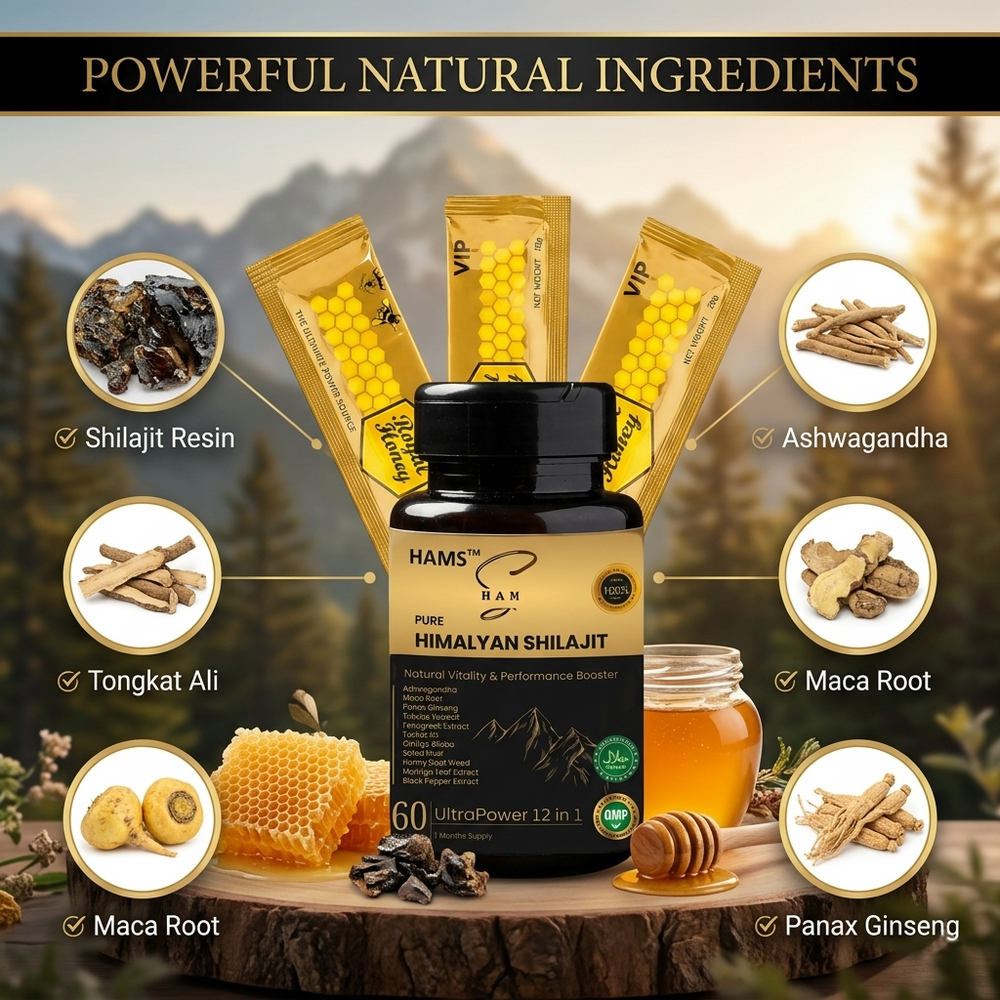 Himalayan Shilajit Capsules with Ashwagandha and Maca Root – Herbal supplement combining traditional botanical ingredients in a convenient capsule format for everyday wellness routines.