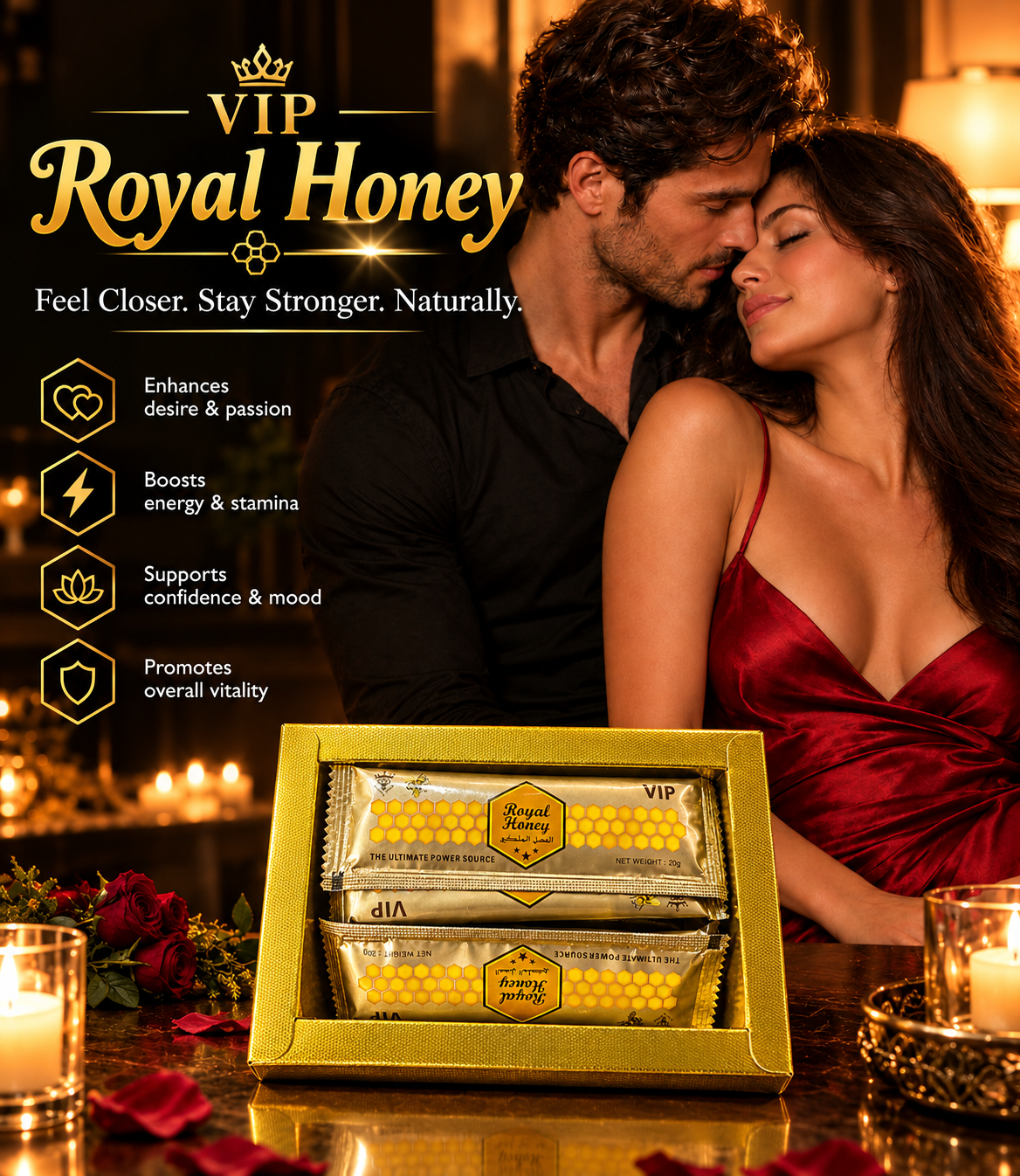 Royal Honey VIP for Men 20g Sachets Box Back, Gold Honey Packaging with Nutrition Facts Men's Energy, Stamina and Vitality Support Supplement