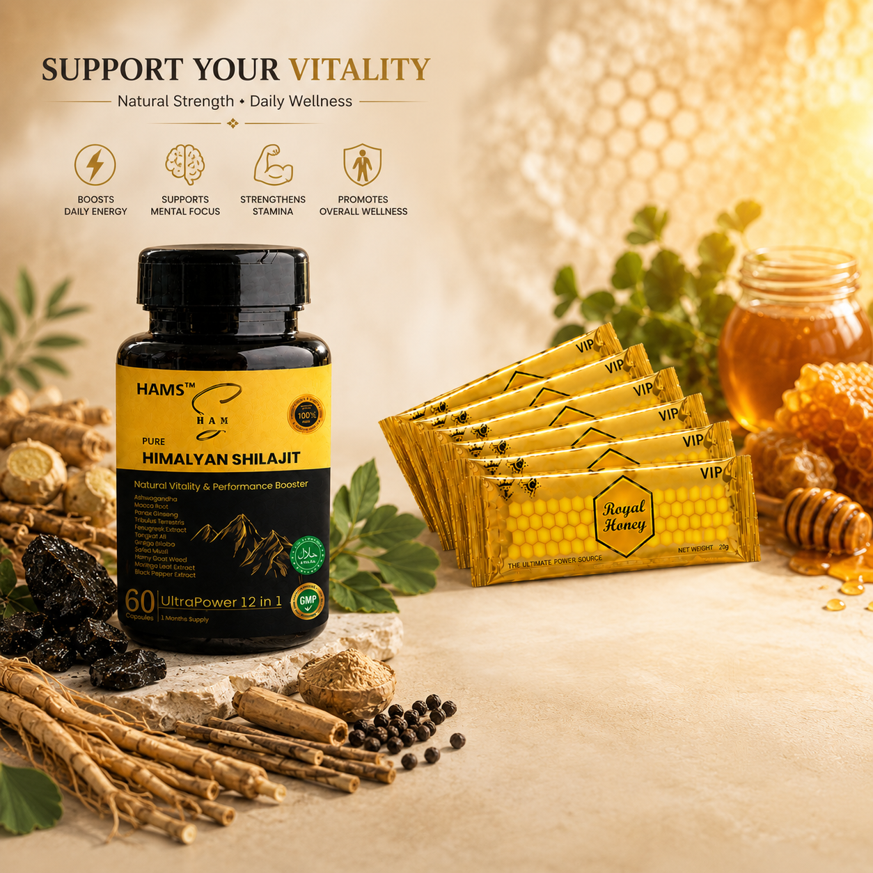 Shilajit-Based Herbal Supplement for Daily Wellness Support – UltraPower botanical formula paired with six complimentary VIP Royal Honey sachets.