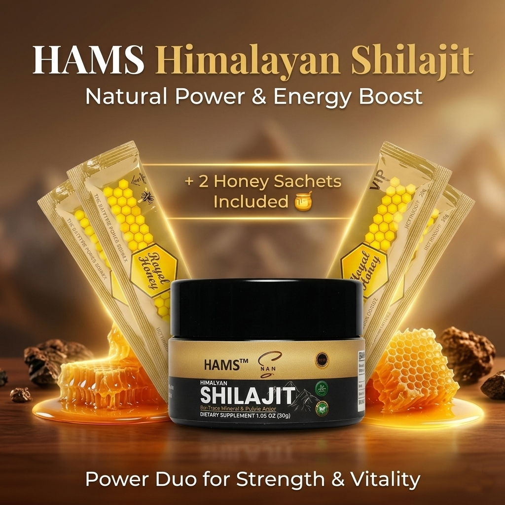 Shilajit Resin 30g and 2 VIP Royal Honey Sachets – Combined wellness product bundle with individually packaged honey sachets.