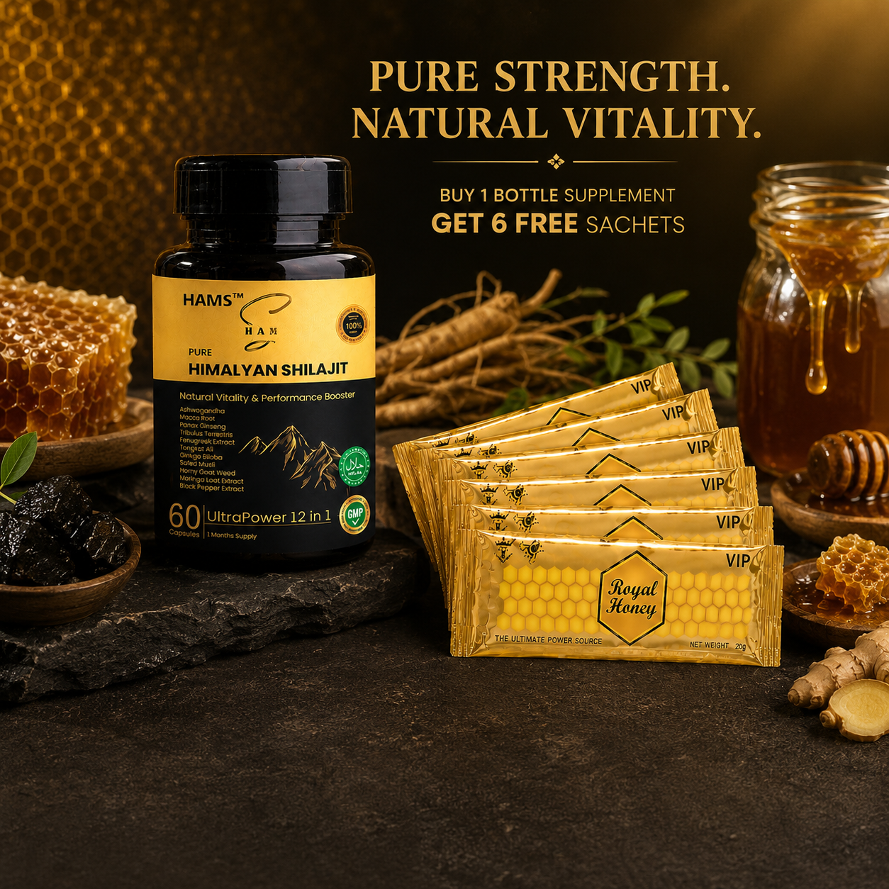UltraPower Shilajit Supplement with VIP Royal Honey Bonus Pack – Men's wellness bundle featuring six complimentary honey sachets.