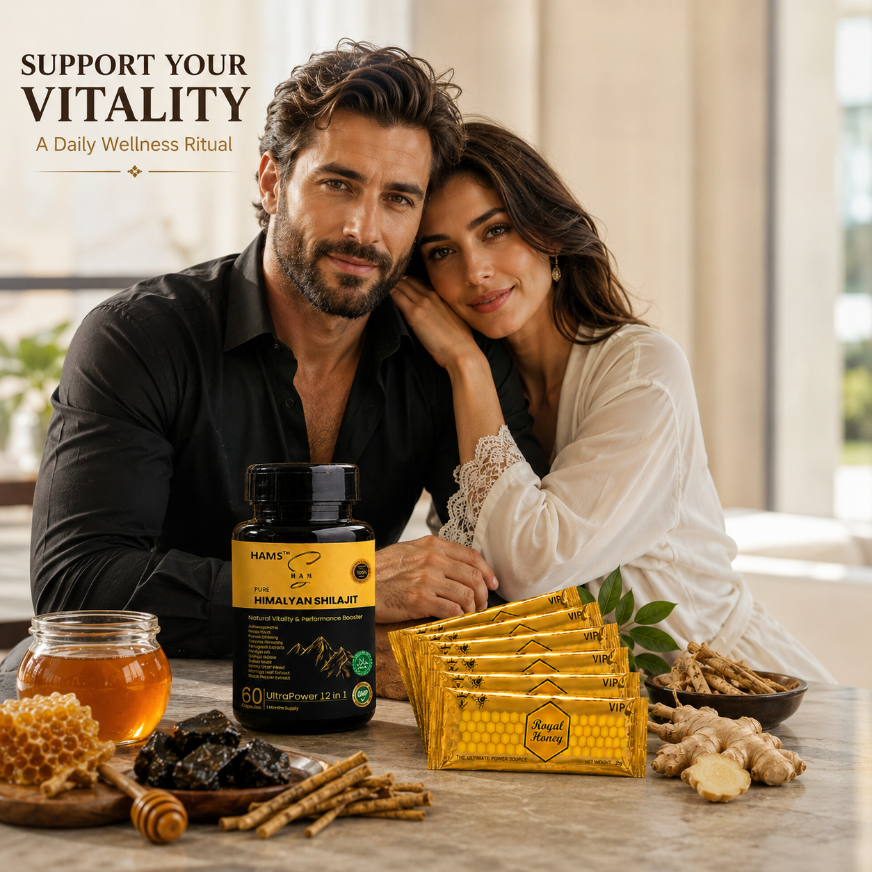 Shilajit and Ashwagandha Supplement with 6 VIP Royal Honey Sachets – Combined wellness bundle featuring botanical ingredients and individually packaged honey.