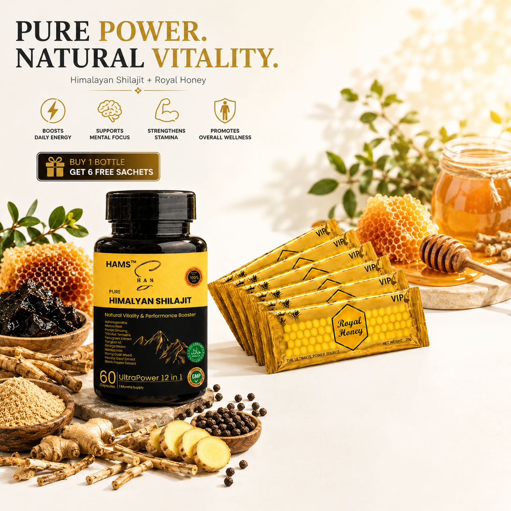 Supplement and VIP Royal Honey Sachets – Combined product offer with a herbal supplement and six individual honey sachets.
