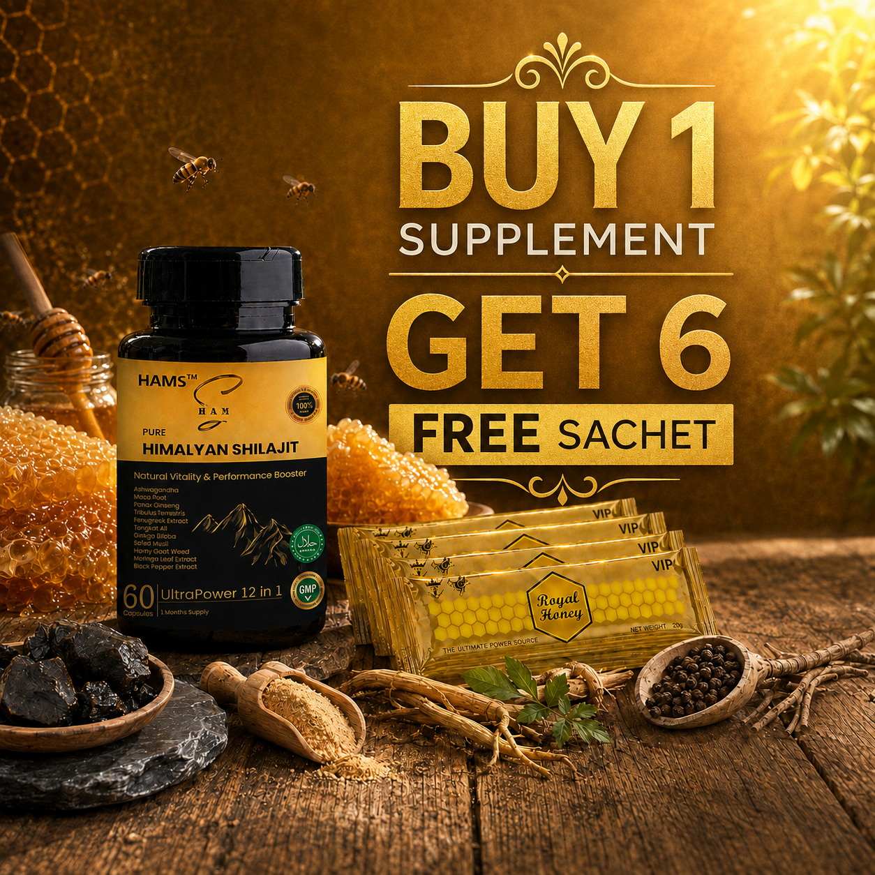 UltraPower 12-in-1 Shilajit Men's Wellness Supplement with 6 FREE VIP Royal Honey Sachets – Herbal supplement bundle for a daily wellness routine.